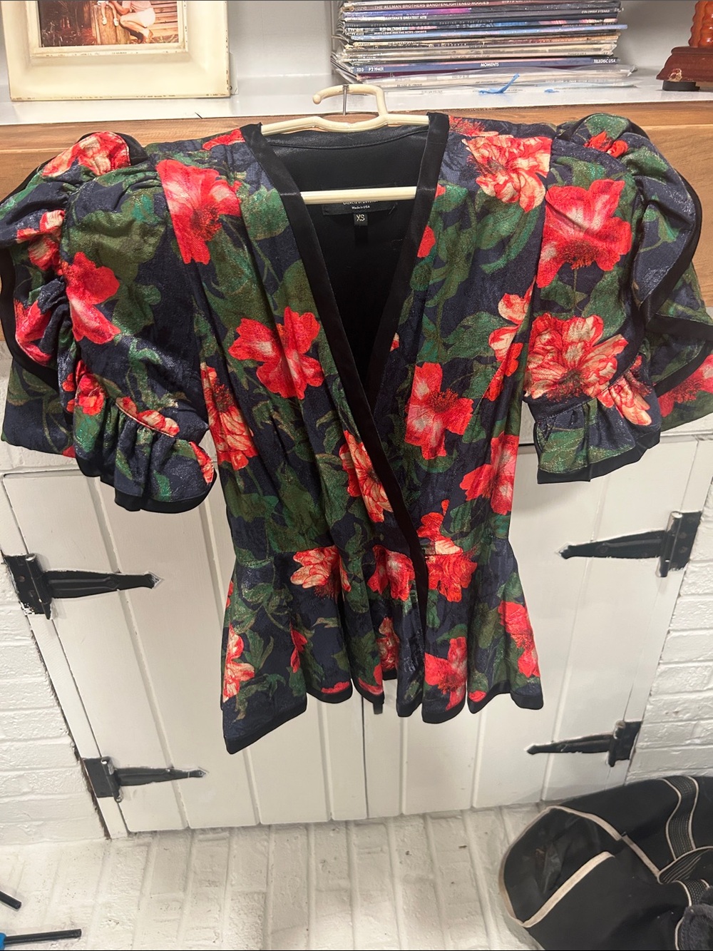 Puff-Sleeve Floral Wrap Blouse in Red and Green